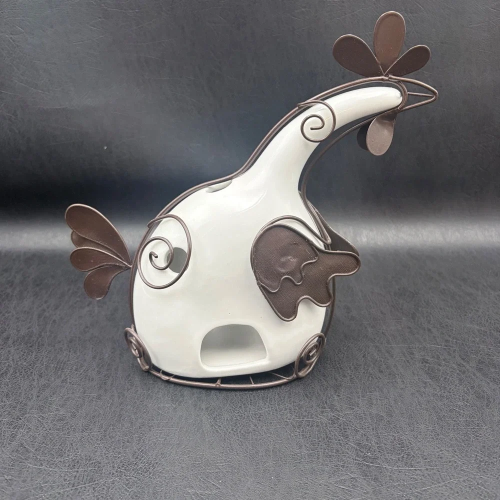 White Ceramic Chicken Tea Light Holder Brown Wire Frame Farmhouse Decor 11in